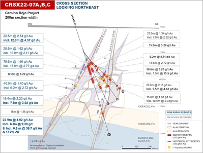 Figure 4: Camino Rojo Sulphides 2022 Program Vein Domains (Cross Section, Hole 7) (CNW Group/Orla Mining Ltd.)