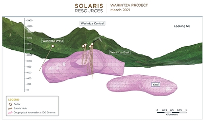 Figure 1 – Long Section of 3D Geophysics Looking Northeast.
Note to Figure 1: Figure looks northeast and depicts high-conductivity geophysical anomaly (defined at 100 ohm-m) generated from 3D inversion of electromagnetic data, encompassing from left to right Warintza West, Central, East and newly-discovered Yawi target (Warintza South lies off image to south). (CNW Group/Solaris Resources Inc.)