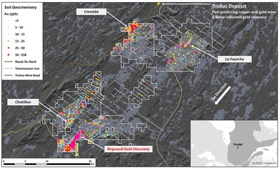 Figure 2. Map of Frotet Project showing Regional Till Sampling Geochemical Results (CNW Group/Kenorland Minerals Ltd.)