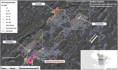 Figure 5. Map of Frotet Project showing Regional Till Sampling Geochemical Results (CNW Group/Kenorland Minerals Ltd.)