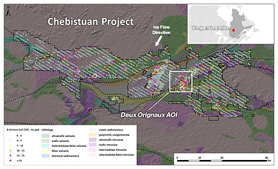 Figure 1. Combined Phase 1 and 2 geochemical survey results showing soil (till substrate) Au ppb (CNW Group/Kenorland Minerals Ltd.)