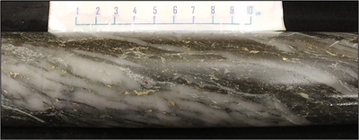 21RDD037 – At 148m: 113.80 g/t Au; Strongly laminated quartz-carbonate vein containing pyrite mineralization (CNW Group/Kenorland Minerals Ltd.)