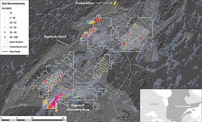 Figure 5. Map of Frotet Project showing Regional Till Sampling Geochemical Results (CNW Group/Kenorland Minerals Ltd.)