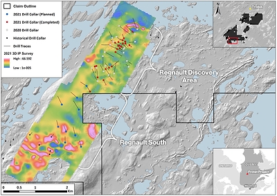 Figure 1 Drill Collar Locations and 2021 3D Induced Polarization (IP) results over the Regnault Target Area (CNW Group/Kenorland Minerals Ltd.)