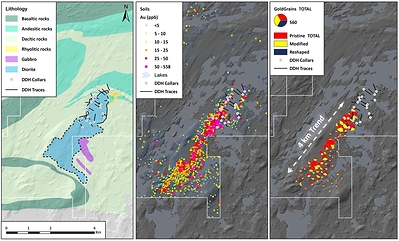 Figure 1. Geology, fine fraction geochemistry, and gold grain counts along the Regnault trend (CNW Group/Kenorland Minerals Ltd.)