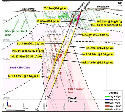 Figure 2 Cross Section DCAr0096 Showing Holes DCAr0044 and DCAr0096 
(50 m section slice thickness or +/-25 m) (CNW Group/New Pacific Metals Corp.)