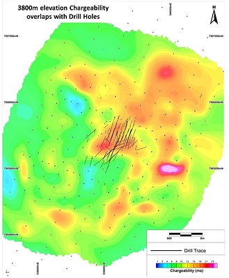 Figure 1 - 1 Multiple anomalies of IP chargeability of 3800 m elevation. Currently drilled area overlays the chargeability anomaly in the Central Valley area (CNW Group/New Pacific Metals Corp.)