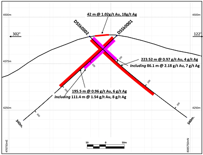 Figure 2. Drill cross-section of hole DSSk0001 and DSSk0002 (CNW Group/New Pacific Metals Corp.)