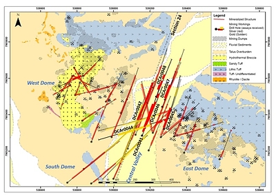 Figure 1. Simplified geology map and drill hole traces, yellow shows gold intercepts and red for silver at the Carangas Project (CNW Group/New Pacific Metals Corp.)