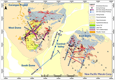 Figure 1. Simplified geology plan map and drill holes of the Phase I discovery drill program at the Carangas Project. (CNW Group/New Pacific Metals Corp.)