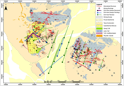 Figure 1. Simplified geology plan map and drill holes of the completed Phase I Discovery Drill Program and the planned Phase II Drill Program at the Carangas Project. (CNW Group/New Pacific Metals Corp.)