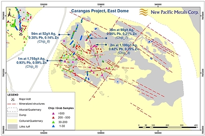 Figure 3: Geology Map of East Dome, Carangas Project, Bolivia, including Sample Results (CNW Group/New Pacific Metals Corp.)