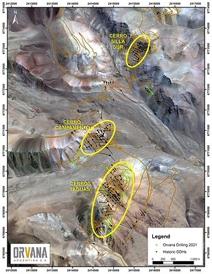 Figure 1: Location map of Taguas, with the three resource estimation areas highlighted in yellow. (CNW Group/Orvana Minerals Corp.)