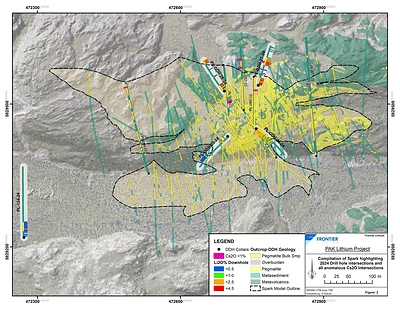 Figure 2: Spark outline showing drill hole detail for the 5 holes reported. (CNW Group/Frontier Lithium Inc.)