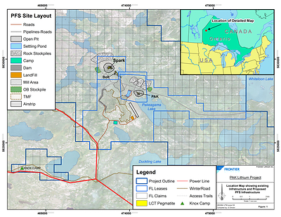 Figure 1: Location Map showing project area with existing and proposed PFS Infrastructure (CNW Group/Frontier Lithium Inc.)