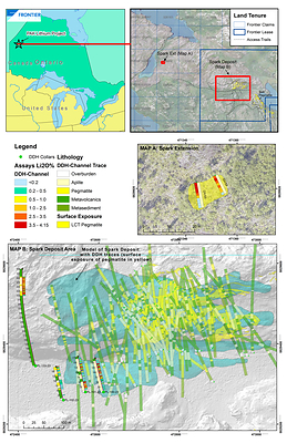 Figure 1: Planview map highlighting the four 2023 holes drilled at Spark and the two channels cut at the Spark Extension to the west. (CNW Group/Frontier Lithium Inc.)