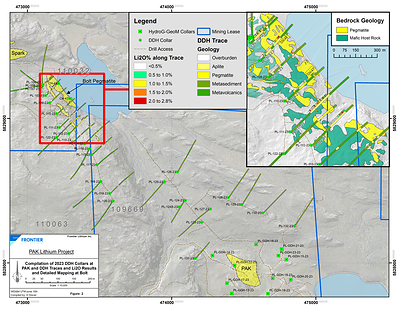 Figure 2: Planview map of the Bolt-PAK area showing Recent results from the Bolt Drilling (CNW Group/Frontier Lithium Inc.)