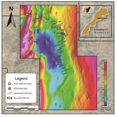 Figure 1 – Surface Plan of Boumadine Property with Magnetic Data (Residual Total Field) and 2023 Drill Holes (CNW Group/Aya Gold & Silver Inc)