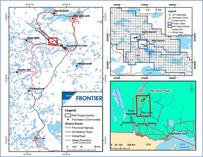 Figure 1: Location map showing land tenure, geology and infrastructure (CNW Group/Frontier Lithium Inc.)