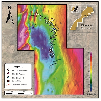 Figure 2 – Surface Plan of Boumadine Property with Magnetic Data (Residual Total Field) and 2023 Drill Holes (CNW Group/Aya Gold & Silver Inc)
