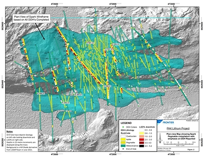 Figure 2: Planview map of the Spark pegmatite showing drillhole traces (CNW Group/Frontier Lithium Inc.)