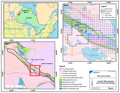 Figure 1: Location Map showing land tenure and geology (CNW Group/Frontier Lithium Inc.)