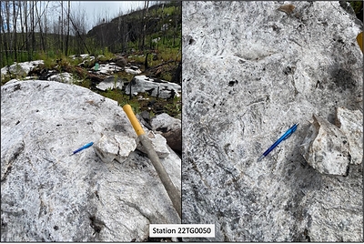 Figure 2:  View of Spark Extension looking east (left) with closeup of the "snowshoe" textures on the right (CNW Group/Frontier Lithium Inc.)