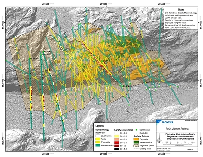 Figure 2: Planview map of the Spark pegmatite showing drillhole traces (CNW Group/Frontier Lithium Inc.)