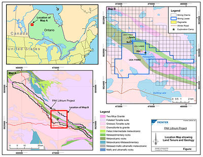 Figure 1: Location Map showing land tenure and geology (CNW Group/Frontier Lithium Inc.)
