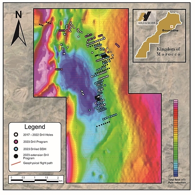 Figure 1 – Surface Plan of Boumadine Property with Magnetic Data (Residual Total Field) and 2023 Additional Drill Holes (CNW Group/Aya Gold & Silver Inc)