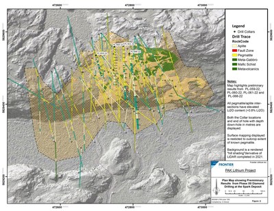 Figure 2: Planview map of the Spark pegmatite showing drillhole traces (CNW Group/Frontier Lithium Inc.)