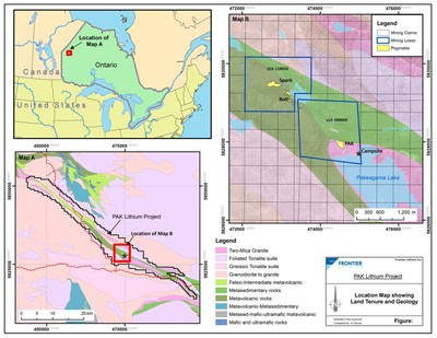 Figure 1: Location Map showing land tenure and geology (CNW Group/Frontier Lithium Inc.)