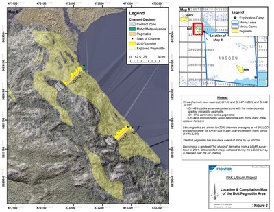 Figure 2: Compilation of the Bolt Pegmatite highlighting Channels cut and sampled in 2020 and 2021 (CNW Group/Frontier Lithium Inc.)