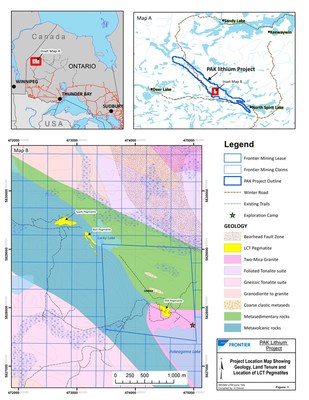 Figure 1: Location Map showing project area and location of drill holes and channels on the Spark Pegmatite (CNW Group/Frontier Lithium Inc.)