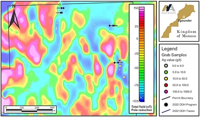 Figure 4 – Zgounder Izza Area with Magnetics (Gradient RTP) and Ag Grab Samples (CNW Group/Aya Gold & Silver Inc)
