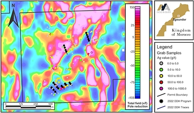 Figure 3 – Zgounder Tala Area with Magnetics (Gradient RTP) and Ag Grab Samples (CNW Group/Aya Gold & Silver Inc)