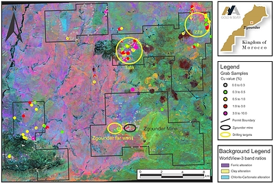 Figure 1 – Worldview-3 Image of Zgounder Regional with Location of Sampled Outcrops (CNW Group/Aya Gold & Silver Inc)