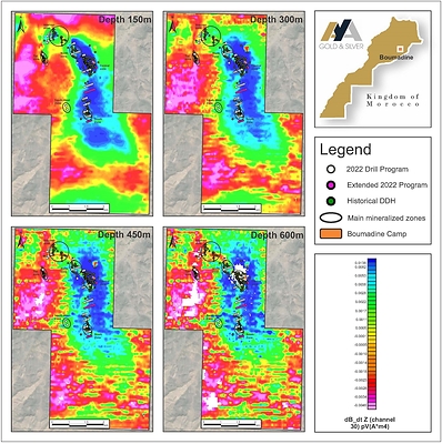 Figure 5 – Boumadine Airborne VTEM Survey at Different Depths (CNW Group/Aya Gold & Silver Inc)