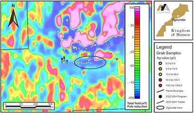 Figure 2 – Zgounder Far West with Magnetics (Gradient RTP) and Ag Grab Samples (CNW Group/Aya Gold & Silver Inc)