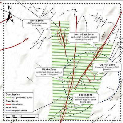 Figure 1 - Map of MAG survey completed on Imiter bis showing Cu, Au and Ag occurrences (CNW Group/Aya Gold & Silver Inc)