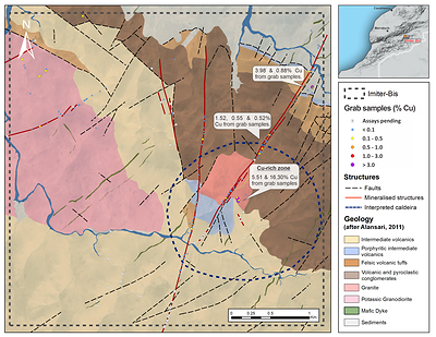 Figure 2 - Copper-bearing Results from 2021 and Historical Grab Sampling Programs on Imiter bis (CNW Group/Aya Gold & Silver Inc)