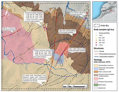 Figure 1 - Gold-bearing Results from 2021 and Historical Sampling Programs on Imiter bis (CNW Group/Aya Gold & Silver Inc)