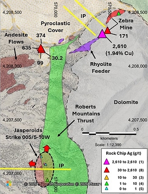 Figure 1 – West Reveille - Geological Interpretation and Recent Reconnaissance Rock Chip Sampling. (CNW Group/Black Mammoth Metals Corp)