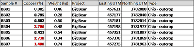 Table 1 – Sample results for Big Bear. (CNW Group/Black Mammoth Metals Corp)
