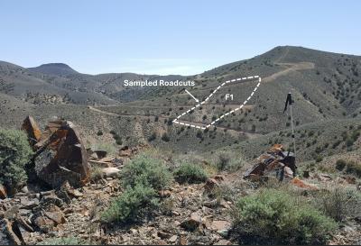 Figure 5 – Distal view of mineralized area and roadcuts, looking east. Note location of F1 area with its zoomed view in the next figure. (CNW Group/Black Mammoth Metals Corp)