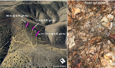 Figure 2 – Coal Canyon road cut assays and strong oxidation in silicified sedimentary rocks. (CNW Group/Black Mammoth Metals Corp)
