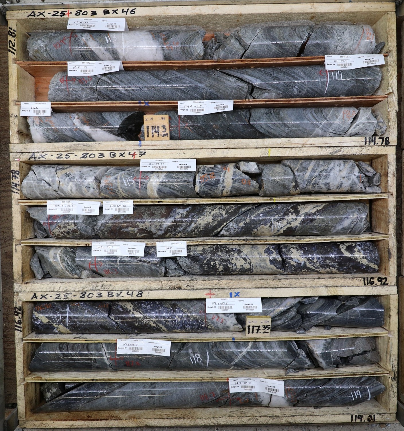 Figure 2: Cross-section A-B in Powerline. Silver intersections within drillholes AX-25-803 are consistent with late brittle feature for the Ag-1 vein intersected in drillhole AX-21-142 (see news release dated October 29, 2025). Two sub-parallel veins have been identified adjacent to the Ag-1 vein intersected in holes AX-21-142 and AX-25-803; Ag-2 and Ag-3 are north and south of Ag-1 respectively (magenta veins and dashed traces above).