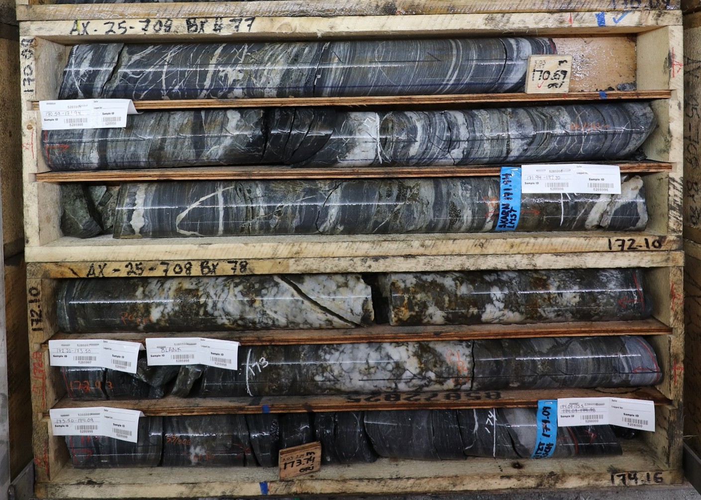 Figure 3: Cross-section looking east, showing drillhole AX-25-708, extending high-grade mineralization down dip from AX-25-650 and AX-24-590.