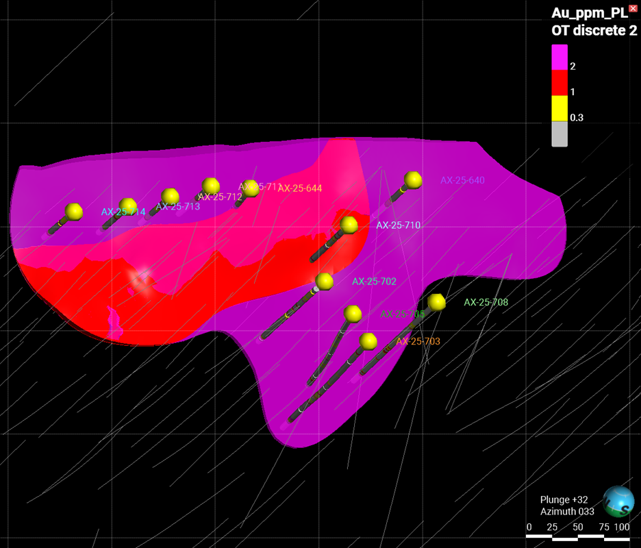 Figure 1: Plan map of the Airstrip Deposit. Drillholes with assays pending denoted by green dots.