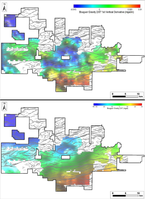 Figure 1. Terrain corrected Bouguer Gravity Residual Images, overlain by gradients defined in upward continuation modelling (“Worms”) of magnetic data. Top: Bouguer Gravity, first vertical derivative. Bottom: Bouguer Gravity, (CNW Group/Meridian Mining UK Societas)